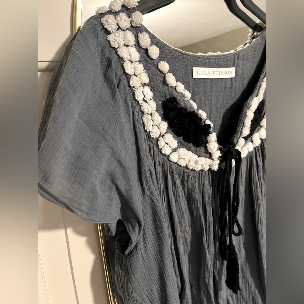 Ulla Johnson flutter sleeve pom detail top blouse